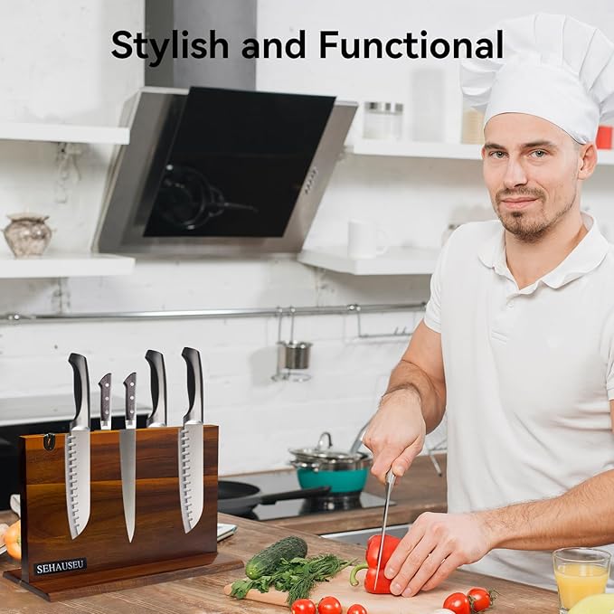 Double Sided Magnetic Knife Stand with sharpener,Kitchen Storage with Strong Magnets for Knives & Utensils,Modern Wooden Knife Block for Kitchen Countertops, Without Knives,14"x10"