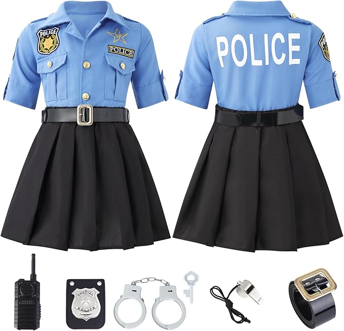 Lumiparty Police Officer Costume for Kid,Girls Police Costume,Halloween Cop Costume Outfit Set for Roleplay Dress Up