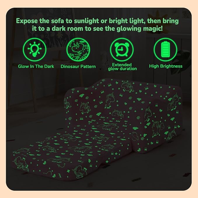MeMoreCool Glowing Unicorn Kids Chair, 2-in-1 Glow in the Dark Kids Couch Fold Out to Lounger, Comfy Kids Couch for Ages 1-3, Soft Foam Kids Sofa with Washable Cover for Playroom, Girls Boys | Reading, Relaxing