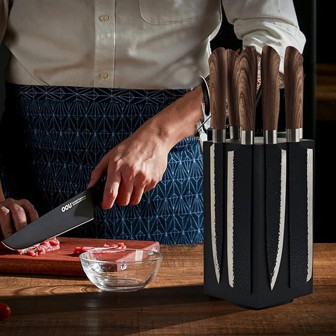 Resafy Black Magnetic Knife Wooden Block 360 Rotatable Knife Holder Rack Magnetic Stands with Strong Enhanced Magnets Kinves Strip，Modern Black Style