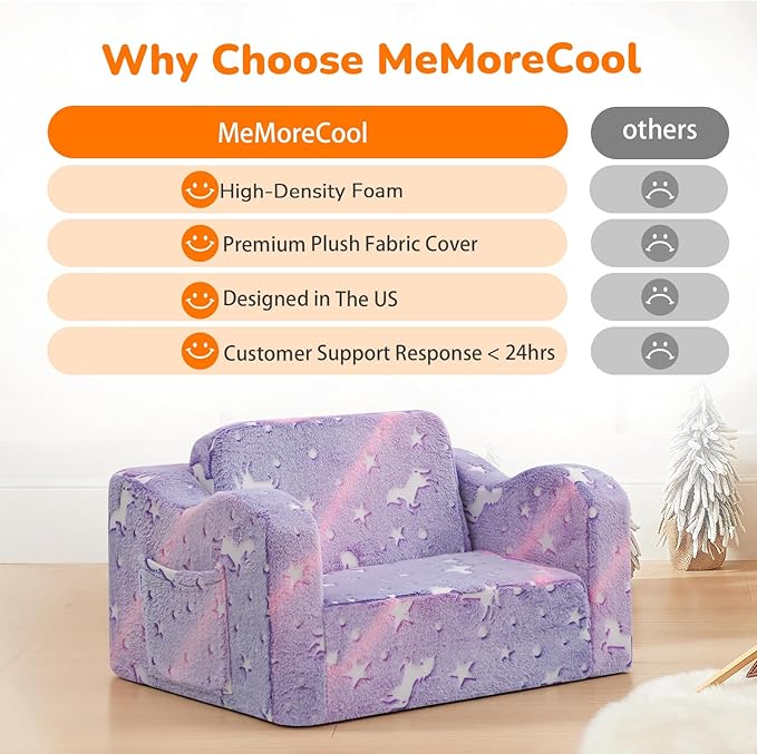 MeMoreCool Glowing Lavender Unicorn Kids Chair, 2-in-1 Convertible Kids Couch with Glow-in-the-Dark Purple Unicorn Design, Fold-Out Foam Sofa for Girls Ages 1-3, Washable Cover, Playroom Lounger | Reading, Relaxing