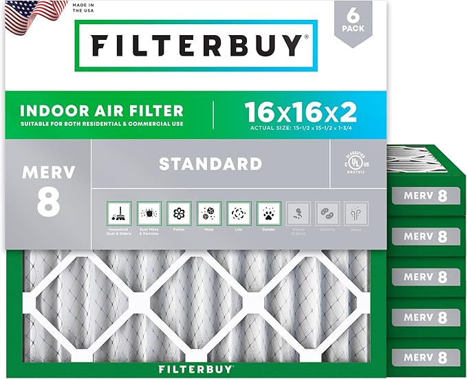 Filterbuy 16x16x2 Air Filter MERV 8 Essential Dust & Allergy Defense (6-Pack), Electrostatic Pleated HVAC AC Furnace Filters Replacement (Actual Size: 15.50 x 15.50 x 1.75)