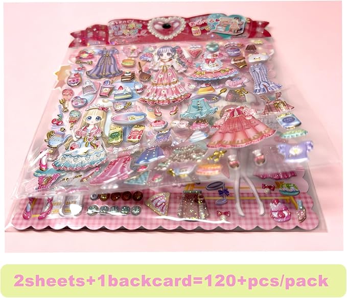 Princess Dress up Sticker Book,Reusable 3D Puffy (3Packs,6 Sheets,360+pieces)with Pearl Gold Color,Pet, Kitchen Baking&Shopping,for Craft Activity Book,Birthday Gift& Busy Book on Road Trip/Air Travel