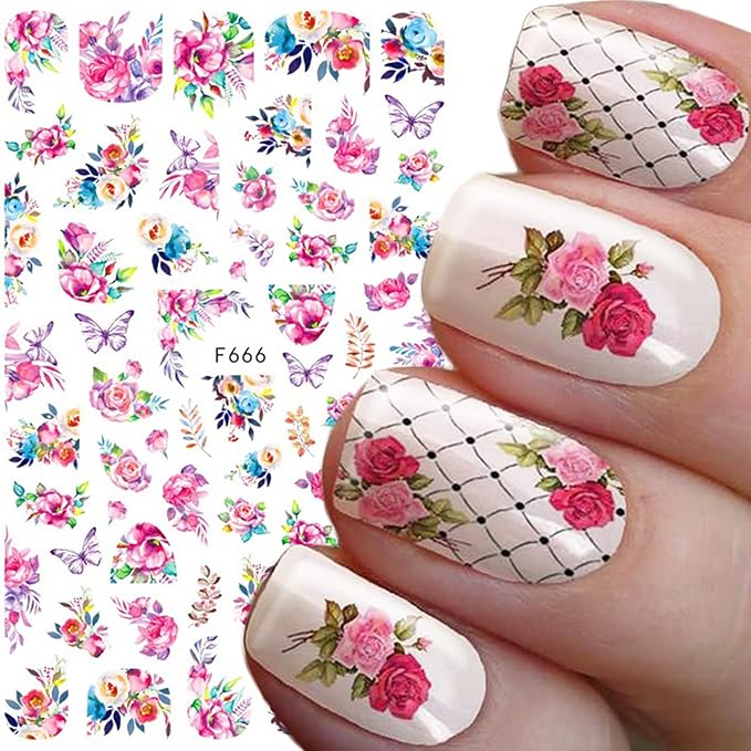 Flowers 3D Nail Decals Art Design - Holographic Peach Plum Blossom Lotus - Self-Adhesive Sticker Decoration for Women Manicure Tips Acrylic DIY Nails Art Supplies