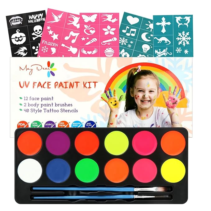 Maydear Face Painting Kit for Kids with 12 Colors Safe and Non-Toxic Large Water Based Face Paint (Fluorescence)