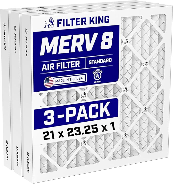 Filter King 21x23.25x1 Air Filter (MERV 8) (3-Pack) Dust & Allergy Control AC Furnace Filters, MADE IN USA, HVAC, Pleated, Electrostatic (Actual Size: 21 x 23.25 x .75)