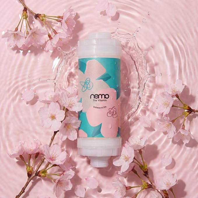 NEMOFILTER Vitamin C Shower Filter for Hard Water, Chlorine & Heavy Metal Removal, Reduces Dry Itchy Skin and Frizzy Hair, Aromatherapy Softener, Easy Install, Cherry Blossom, 150g