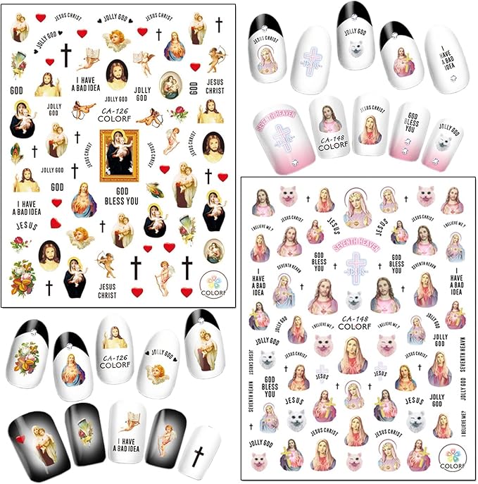 God Jesus Nail Art Stickers, Angel Christ Virgin Maria Love Cupid Flowers Nail Art Decals, Holographic 3D Angel Self-Adhesive Nail Sticker Design for Women Girls Manicure Charms Decorations