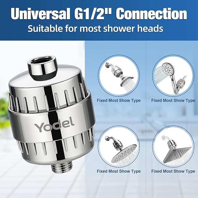 Yodel Shower Filter for Hard Water - 25 Stage Shower Head Filter Removes Chlorine for Hair and Skin, Reduces Dry Skin, Dandruff and Hair Damage, Universal High Output Water Filter,Chrome