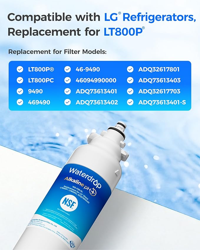 Waterdrop 𝐀𝐥𝐤𝐚𝐥𝐢𝐧𝐞 ADQ73613401 Water Filter, 𝐄𝐧𝐡𝐚𝐧𝐜𝐞𝐬 𝐩𝐇, Replacement for LG® LT800P®, ADQ73613402, ADQ75795104, LSXS26326S, LMXC23746S, LSXS26366S, LSXS26386D, 4 Filters