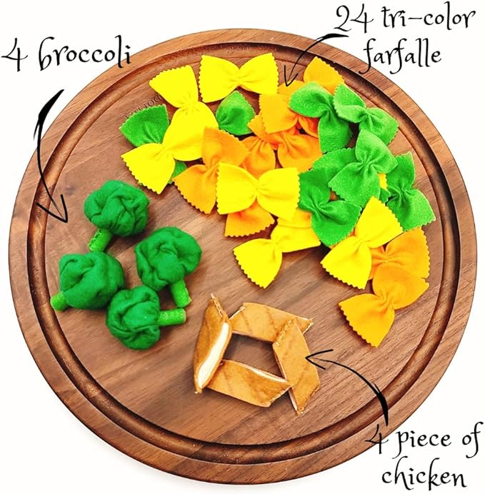 Pasta with broccoli, farfalle, bow tie pasta, felt play food for kids kitchen, pretend play for kids (tri-colors, set 3 (farfalle, broccoli, chicken))