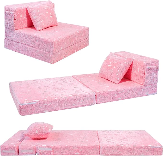 MeMoreCool Glow Pink Unicorn Tri-fold Sofa Bed for Kids, Foldable Futon Chair and Floor Couch, Convertible Trifold Mattress for Playroom