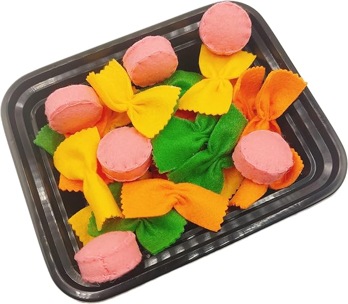 Felt play food Pasta farfalle with sausage for pretend play in kids kitchen, plush fake realistic bow tie (tri-color farfalle, Large set (24 farfalle, 6 sausages))