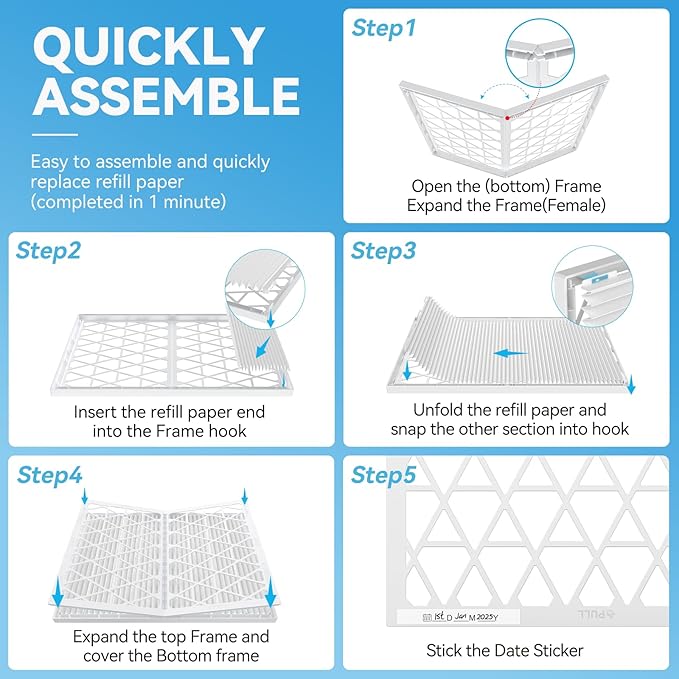 16x20x1 Air Filter MERV 8, 1 Foldable Frame + 6 Refills for Home AC Furnace & HVAC (Actual Size: 15.75"x19.75"x0.75") DUST, Pet, & Allergy