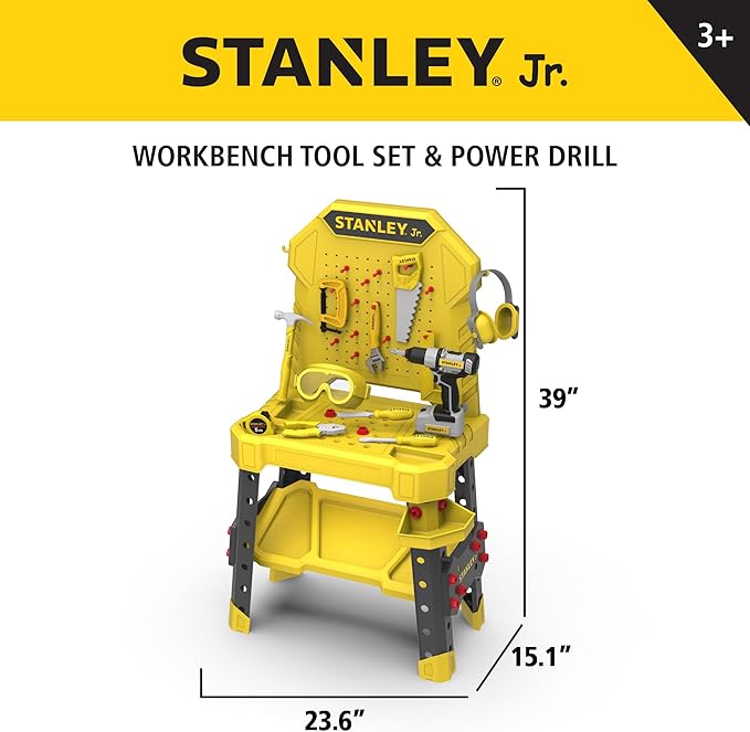 Stanley Jr. Pretend Play Kids Tool Bench with Toolset and Improved Power Drill 140 PCS Realistic DIY Workshop for Kids Ages 3+ Includes Ear Muffs Measuring Tape Tools & Accessories