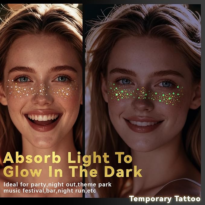 Noerrors 6pcs Glitter Freckles Glow in the Dark Temporary Speckles Tattoo Sticker, Cute Gold Star Nightglow Fake Faux Freckle Makeup Patches, Sparkle Glow Up Face Tattoo for Party