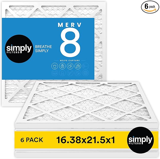Simply 16.38x21.5x1 Air Filter, Merv 8, 6 Pack, For Home AC Furnace & HVAC (Actual Size: 16.13x21.5x"x0.75") DUST, Pet, & Allergy Control