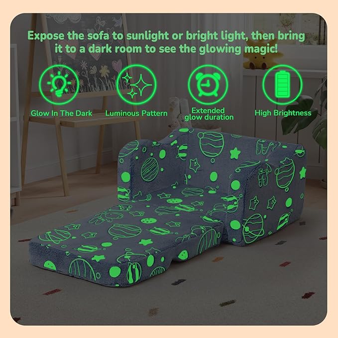 MeMoreCool Glowing Astronaut Planet Kids Chair, 2-in-1 Glow-in-the-Dark Space Kids Couch Fold Out to Lounger, Comfy Foam Sofa for Boys Ages 1-3, Convertible Recliner with Washable Cover | Reading, Relaxing
