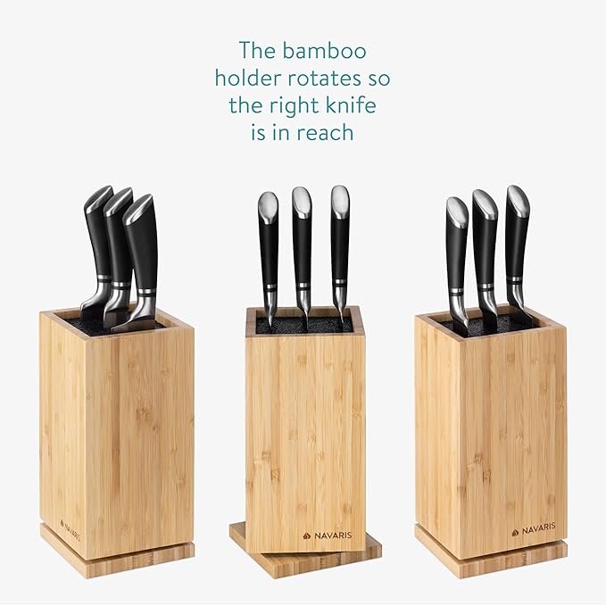 Navaris Bamboo Kitchen Knife Block - Magnetic Rotating Bristle Knife Holder - Universal Knife Block Storage Stand with Bristles - 9.8" x 4.9" x 4.9"