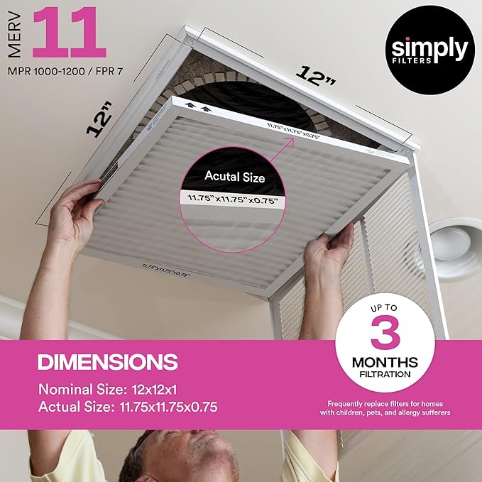 Simply 12x12x1 Air Filter, Merv 11, MPR 1000, 4 Pack, Furnace Air Filter for HVAC (Actual Size: 11.75"x11.75"x0.75") DUST, Pet, & Allergy Control