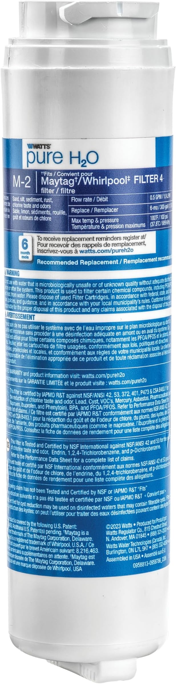 Watts M-2 Maytag Refrigerator Water Filter Replacement Cartridge - Compatible with UKF8001, 6-Month/300 Gallon Life, Reduces Lead, Chlorine, Odor, VOCs, NSF Certified