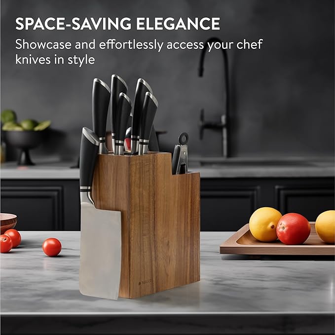 Navaris Knife Block & Utensil Organiser - Durable Acacia Wood Knife Holder without Knives - Removable & Washable Plastic Bristle for Random Sized Knives - Kitchen Storage Stand