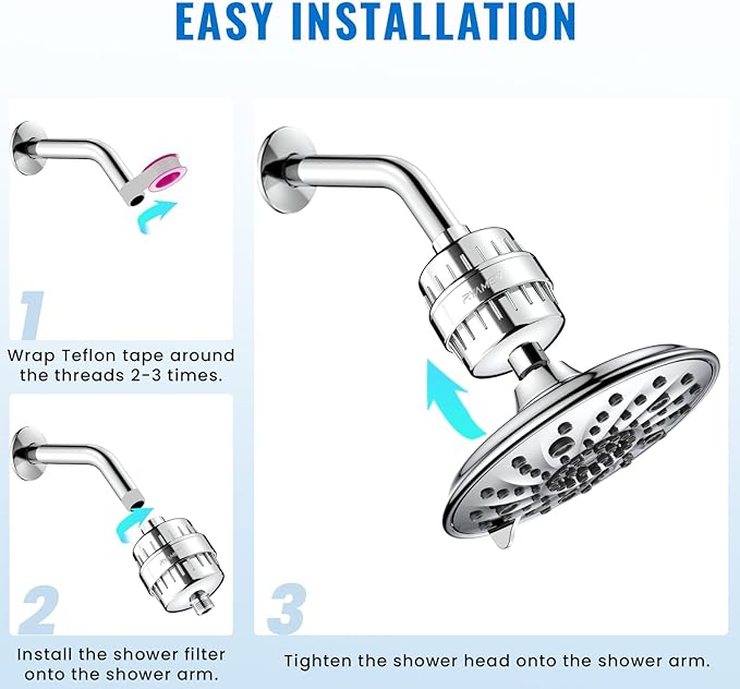 Ryamen Heavy Duty Shower Filter, Shower Water Filter, 99% REMOVAL Shower Head Filter for Hard Water, Heavy Metals, Chlorine (1 Cartridge, Silver)