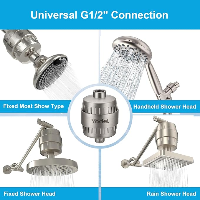 Yodel Shower Filter with 6 Cartridge Brushed Nickel - Hard Water Softener, 99% Removes Chlorine & Impurities, Improves Skin & Hair Condition, Universal Fit for Shower Heads