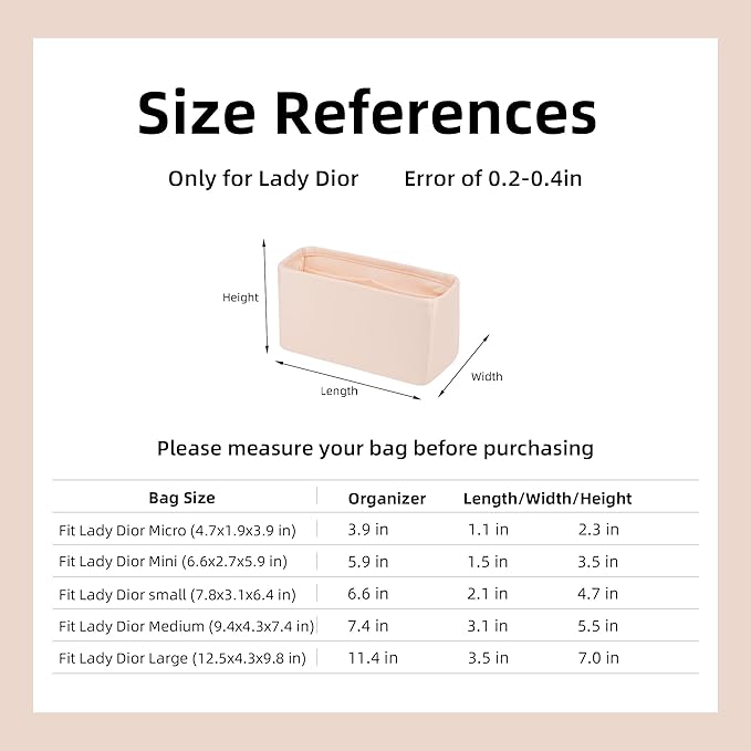 DGAZ Silk Purse Organizer Insert For Lady-Dior Micro/Mini/S/M/L bags，Silky Smooth Bag Organizer，Luxury Handbag & Tote Shaper(Rose dragee,Mini)