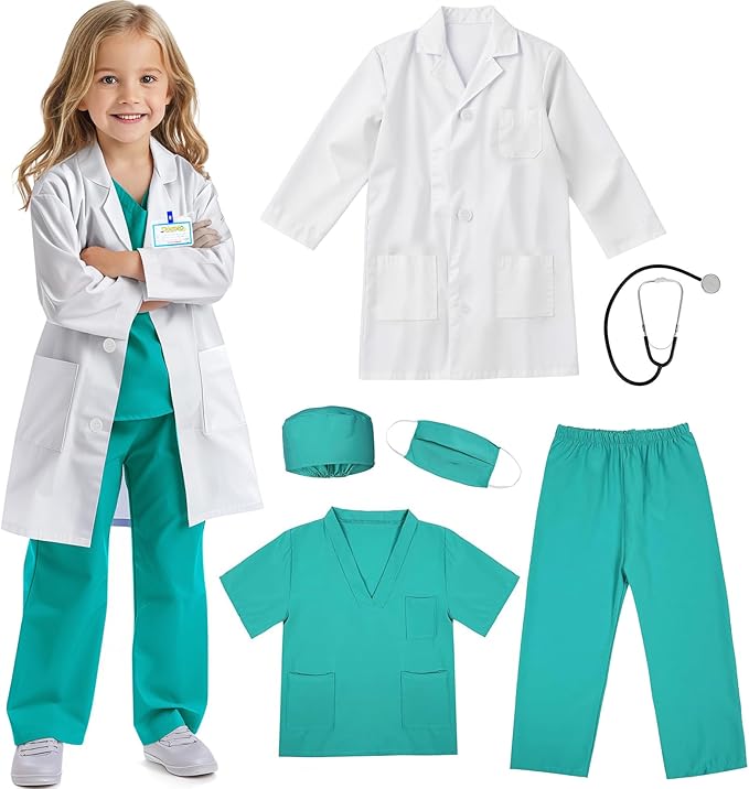RioRand Doctor Costume for Kids With Stethoscope Lab Coat Career Day Costume Halloween Dress Up For Boys Girls 3-12