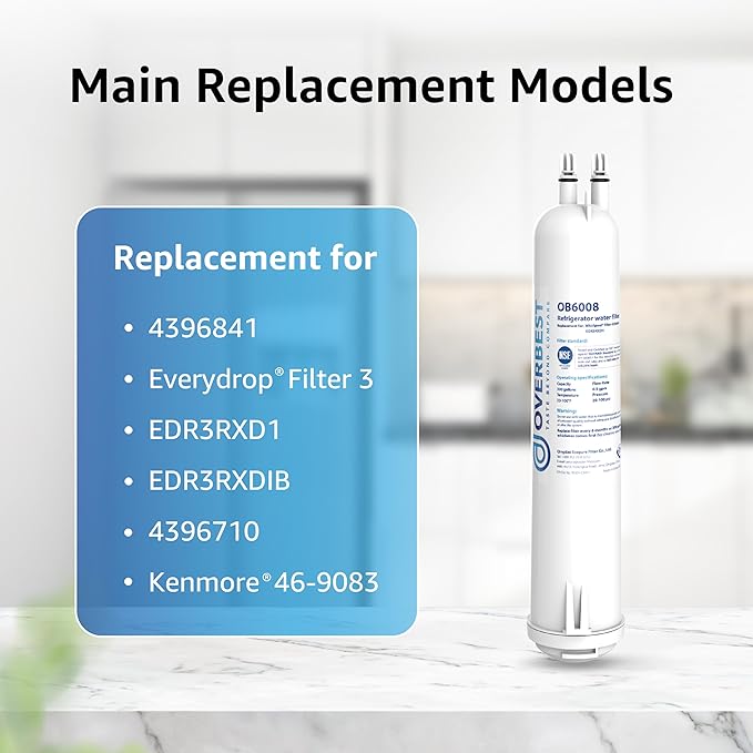 Overbest OB6008 Refrigerator Water Filter Replacement for 4396841, Everydrop® Filter 3, EDR3RXD1, 4396710, 46-9083, 46-9030, Pack of 2