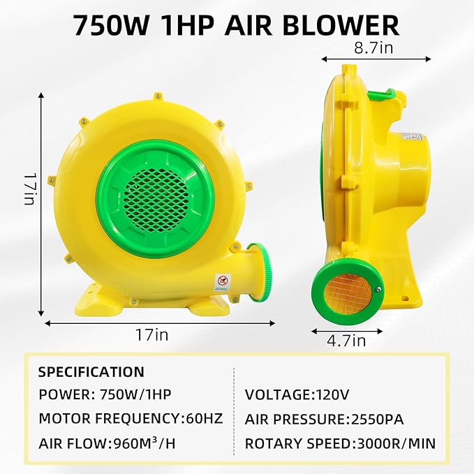 750W 1HP Air Blower, GONFLABLE Bounce House Inflatable Blower, Electric Air Fan Pump Commercial for Inflatables Bubble House, Spray Booth, Bouncy Castle, Water Slide