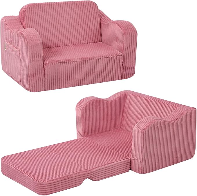 MeMoreCool Corduroy Pink Kids Chair, 2-in-1 Kids Couch Fold Out to Lounger for Girls, Comfy Foam Sofa for 1-3 Year Old with Washable Cover for Playroom and Bedroom | Playroom Seating