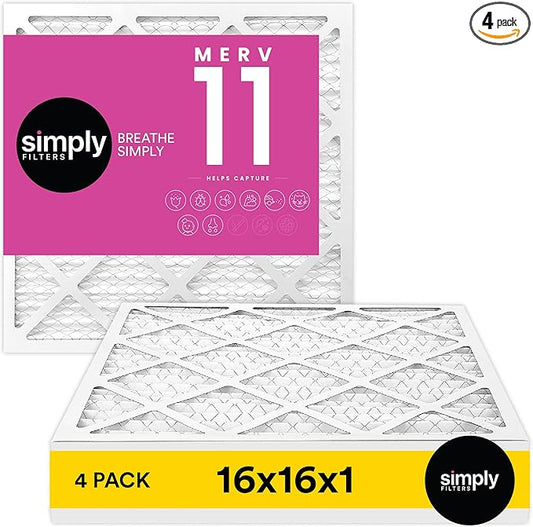 Simply 16x16x1 Air Filter, MERV 11, 4 Pack, For Home AC Furnace & HVAC (Actual Size: 15.75"x15.75"x0.75") DUST, Pet, & Allergy Control