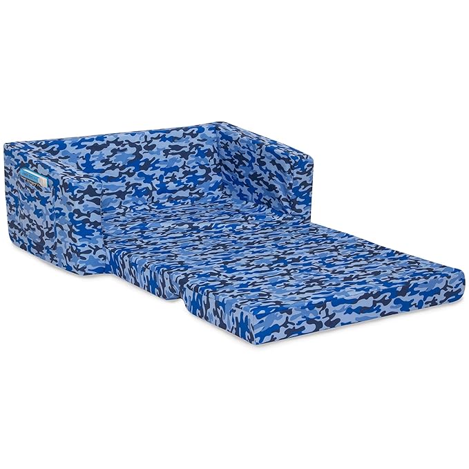 Delta Children Cozee 2-in-1 Sofa, 2-Seater Convertible Toddler Couch Sleeper, Wide 2-in-1 Flip Open Foam Chair for Playroom, Pet-Friendly, Bed Lounger, Comfy Play Sleeping Lounge Chair, Blue Camo