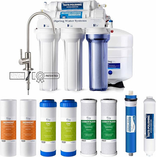 iSpring RCC7F3 Value Pack, 5-Stage Under Sink Reverse Osmosis Water Filter System, Patented Easy-Mount Faucet for Effortless Installation, Additional 3 Pre-Filters Included