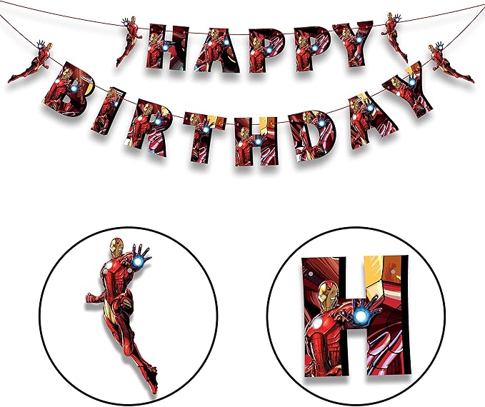 Irn Man Happy Birthday Banner – Action Hero Armor Theme Birthday Decoration Banner for Indoor Party Setup, Wall Hanging Display, Dessert Table Background, Photo Booth Backdrop.