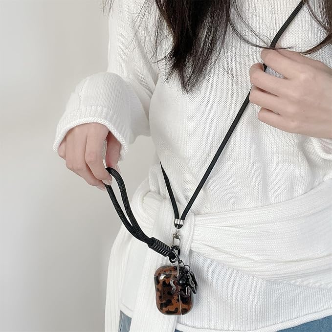 Dark Brown Leopard Print Silicone Case for AirPods Pro 3 (2025) - Cute Shockproof Cover with Detachable Long Neck Lanyard, Travel Keychain, MagSafe Compatible, Unisex for Women & Men