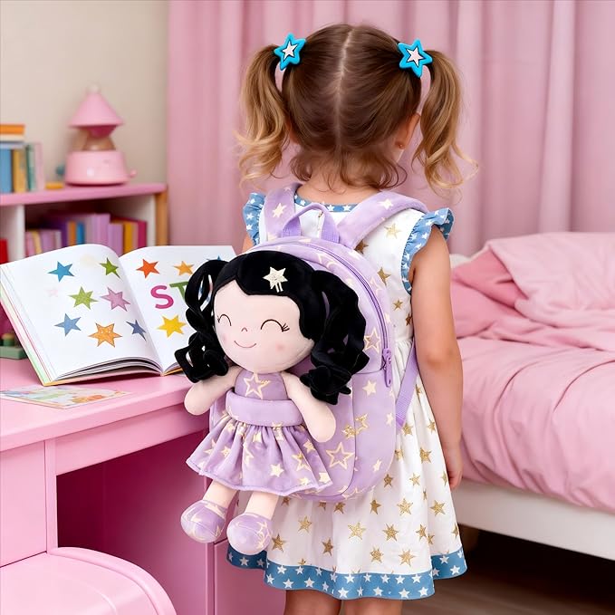 Gloveleya Toddler Backpacks Baby Girl Gifts Curly Hair Plush Figures Dress Backpack Kids Backpack Curly Hair Spring Girl - Black Head Purple Star 9inches