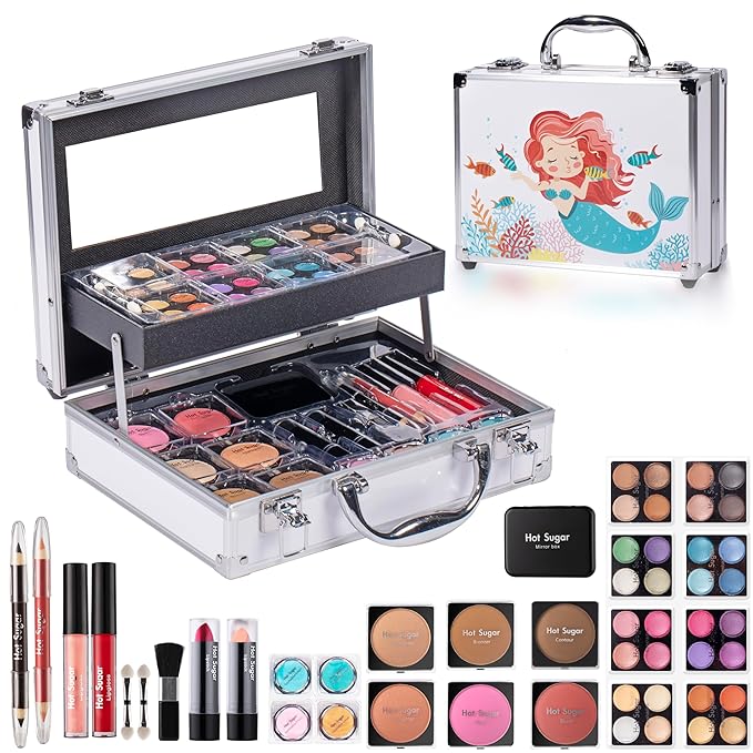 Hot Sugar Makeup Kit for Girls, Makeup Set with Reusable Train Case Includes Eyeshadow Palette, Blush, Lipstick, Lip Pencil, Eye Pencil