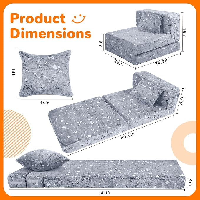 MeMoreCool Kids Floor Mattress Glow in The Dark, Convertible Sofa Couch, Folding Futon Chair Bed for Kids Playroom (Glowing Dinosaur)