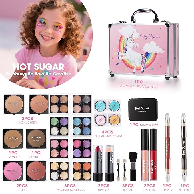 Hot Sugar Makeup Kit for Girls, Makeup Set with Reusable Train Case Includes Eyeshadow Palette, Blush, Lipstick, Lip Pencil, Eye Pencil