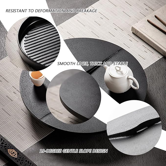 Small Round Coffee Table Tea Tray, Stacking Tea Tray, Rock Board Desktop with a Water-Collecting Base, It can be Placed on a Coffee Table(40cm/15.7in)