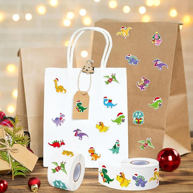 Haooryx Christmas Dinosaur Sticker Rolls - 1000Pcs Vibrant Festive Dinosaur Sticker with Tyrannosaurus Design Self-adehesive Vinyl Decal Christmas Holiday Party Favor Stocking Stuffer Craft Activities