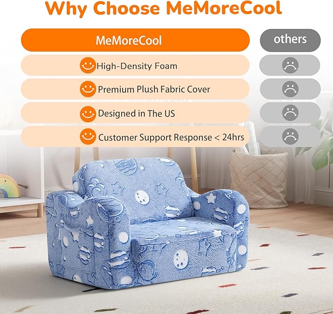 MeMoreCool Glowing Astronaut Planet Kids Chair, 2-in-1 Glow-in-the-Dark Space Kids Couch Fold Out to Lounger, Comfy Foam Sofa for Boys Ages 1-3, Convertible Recliner with Washable Cover | Reading, Relaxing