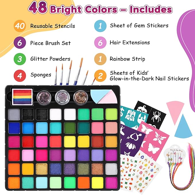 Maydear 48-Color Face Paint Kit for Kids – Washable Makeup with Neon & Metallic Shades, Brushes, Stencils, Rainbow Strip, Hair Extensions & Nail Stickers for Parties & Halloween
