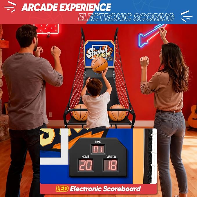 Foldable Electronic Arcade Basketball Game with Electronic Scorer & Buzzer 3 Basketballs & Pump, Pop-Up Game, Indoor Basketball Arcade Game for Kids Adults