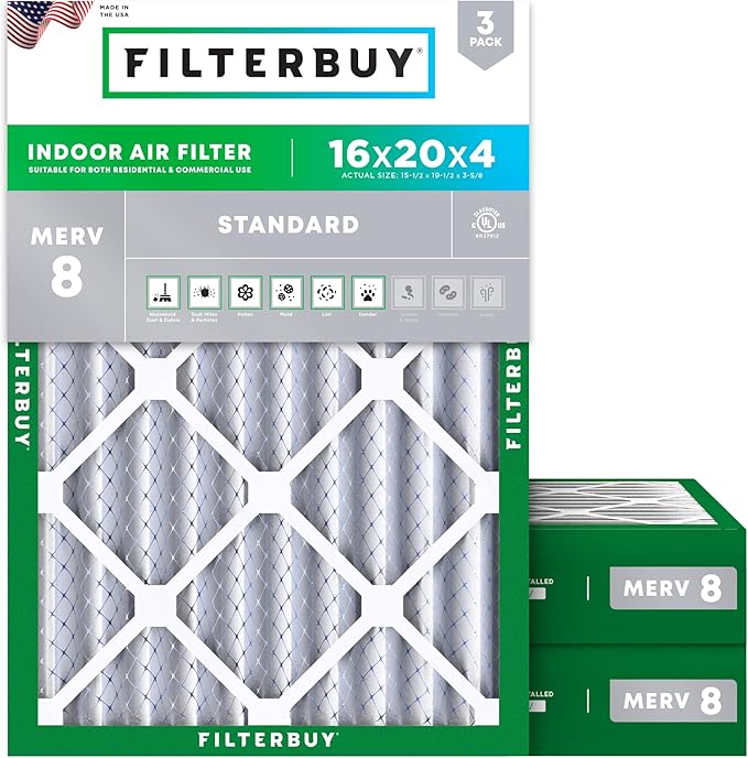 Filterbuy 16x20x4 Air Filter MERV 8 Essential Dust & Allergy Defense (3-Pack), Electrostatic Pleated HVAC AC Furnace Filters Replacement (Actual Size: 15.50 x 19.50 x 3.63)