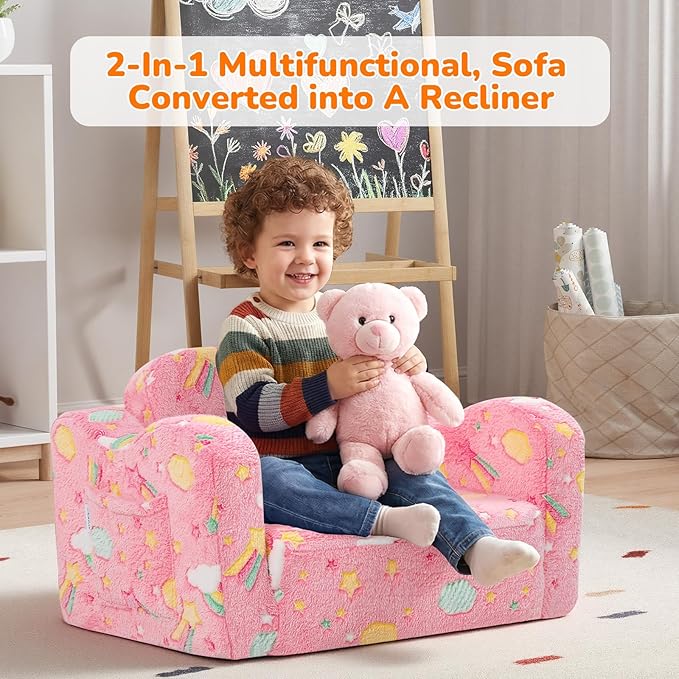 MeMoreCool Glowing Pink Rainbow Kids Chair, 2-in-1 Glow-in-the-Dark Kids Couch Fold Out Sofa for Girls, Comfy Plush Foam Recliner for Playroom Nursery, Washable Cover, Ages 1-3 | Reading, Lounging