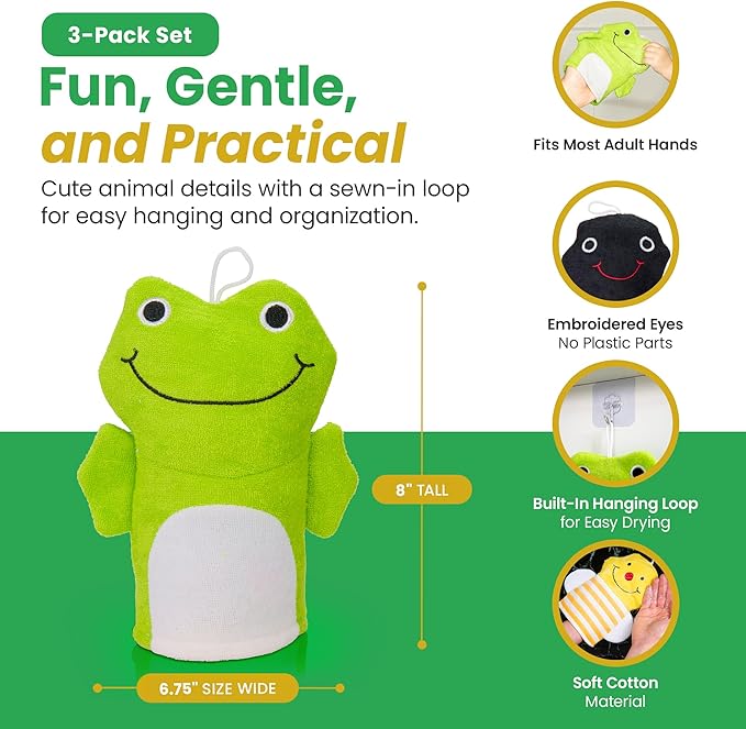 Made Easy Kit Hand Puppet Bath Wash Mitt Towel with Animal Designs with Loofahs for Fun Interactive Bathing Time (Red Green Yellow (No Loofah))